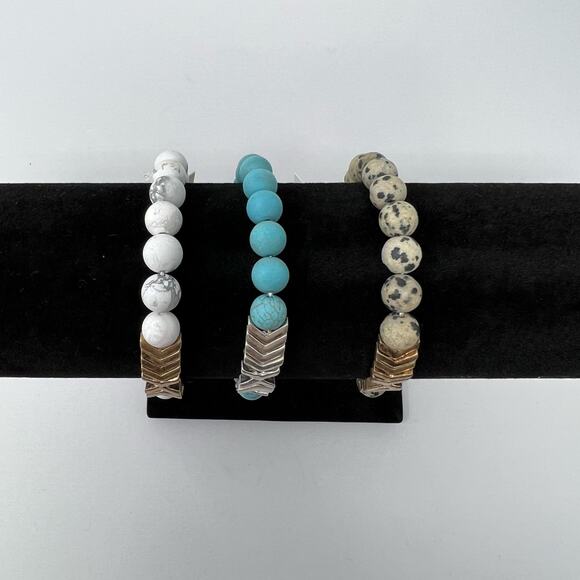 Natural Semi Precious Stone Chevron Pendant Stretch Set Of 3 Bracelet Jewelry - Picture 7 of 7